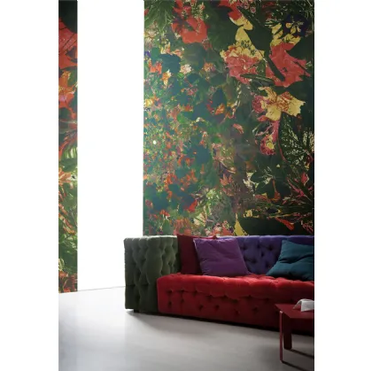 Carta da parati nei toni del verde, rosso e giallo Flower Power di London Art
