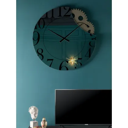 Orologio Memphis in vetro serigrafato specchiato con ingranaggi di Tonin Casa