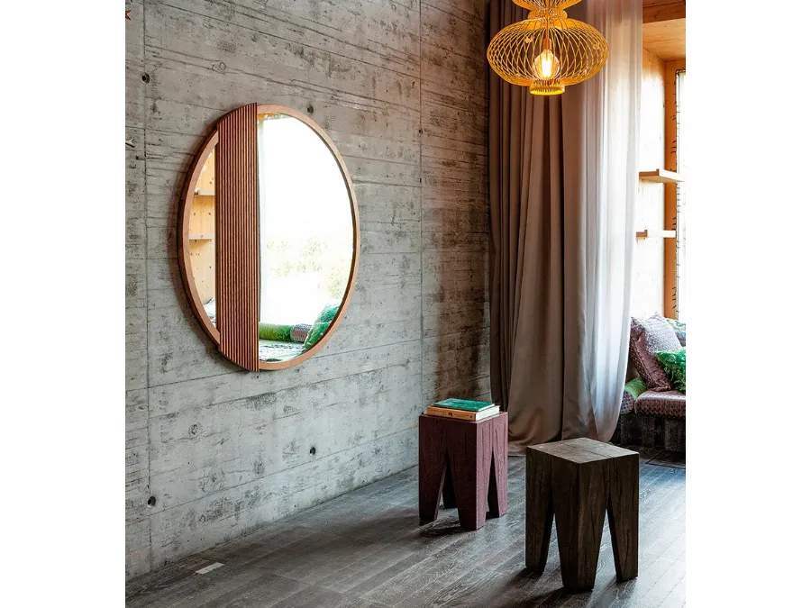 Specchio Zero 16 Rotondo con cornice e decorazione i Rovere massello di Devina Nais