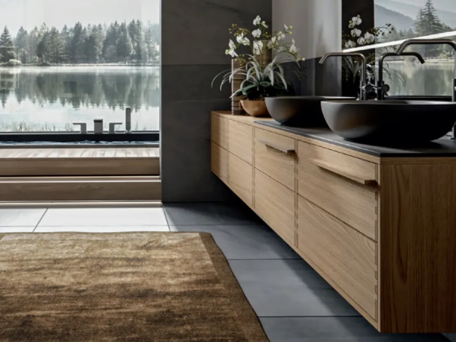 Mobile da Bagno sospeso in Castagno tinto Naturale con top in laminam Calce Nera Ade 001 di Edoné