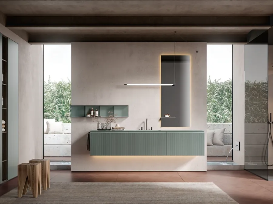 Mobile da Bagno sospeso Eros 03 in polimerico cannettato laccato lago di Edoné