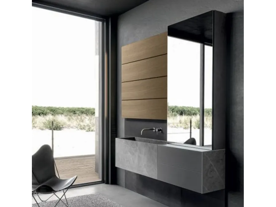 Mobile da Bagno sospeso Blade 02 in gres stone Grey, vetro satinato e boiserie in Noce di Modulnova bagni