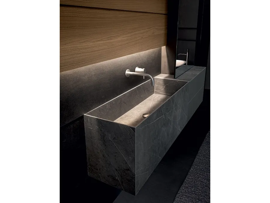 Mobile da Bagno sospeso Blade 02 in gres stone Grey, vetro satinato e boiserie in Noce di Modulnova bagni