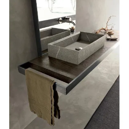 Mobile da Bagno in Rovere con portasciugamano in ferro e lavabo in pietra piasentina Surf 03 di Modulnova bagni