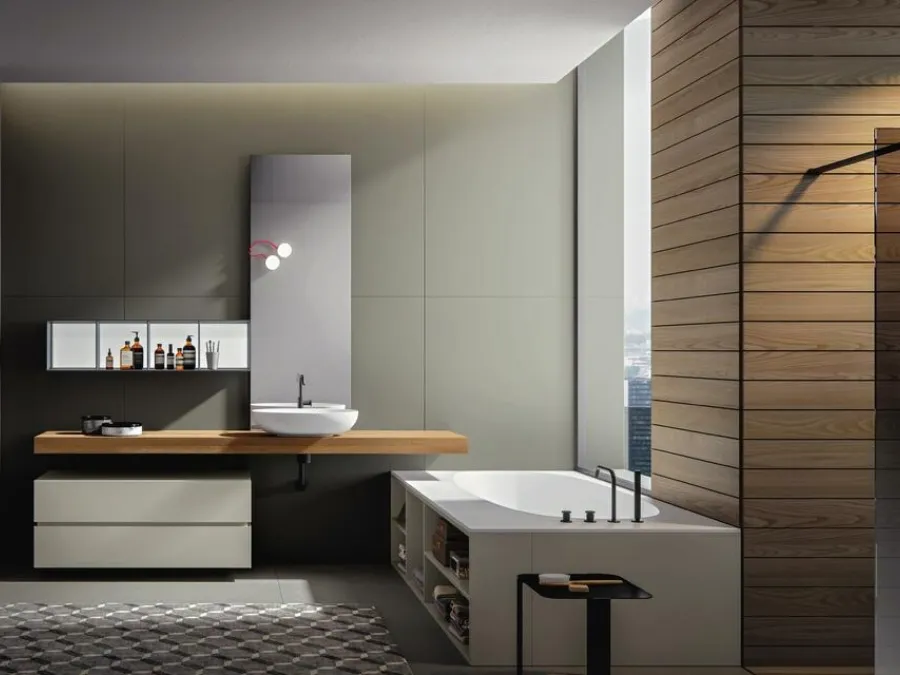 Mobile da Bagno sospeso in laccato opaco con top in castagno naturale Nike 007 di Edoné