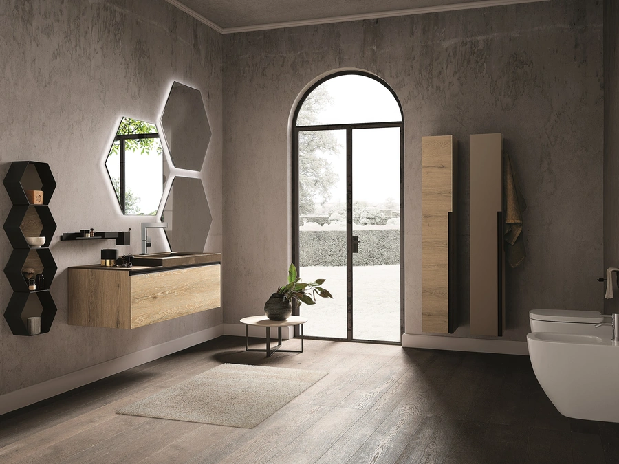 Mobile da Bagno Side 04 in melaminico rovere e top in gres con vasca intregrata di Archeda