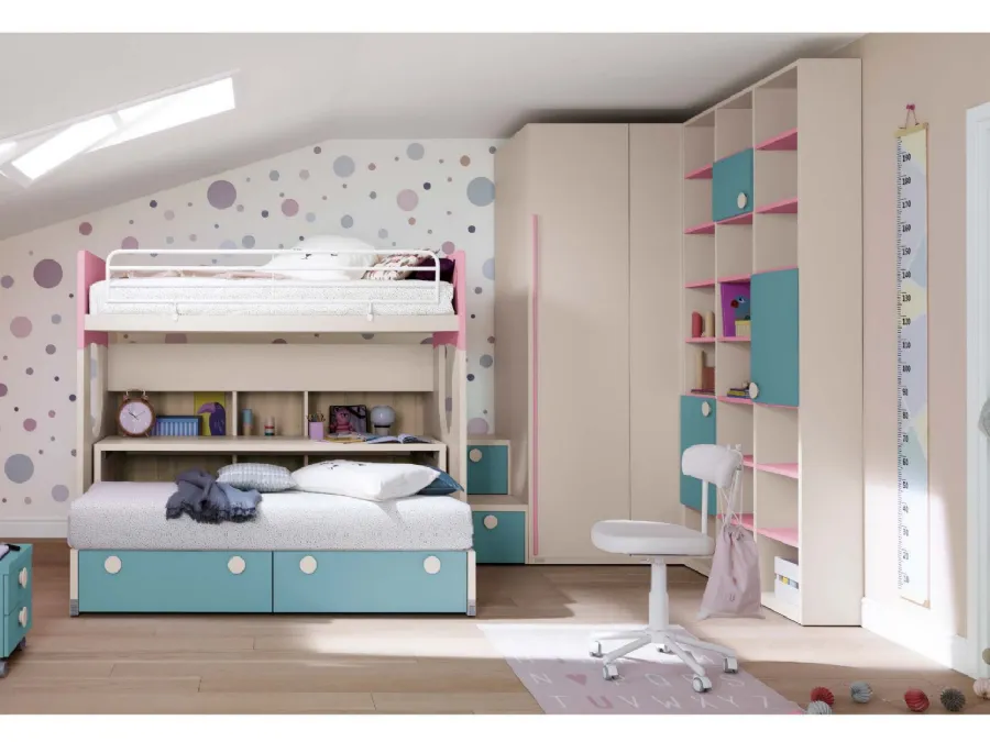 Cameretta in melaminico e laccato azzurro e rosa Alpha Letto a Castello B030 di Doimo Cityline