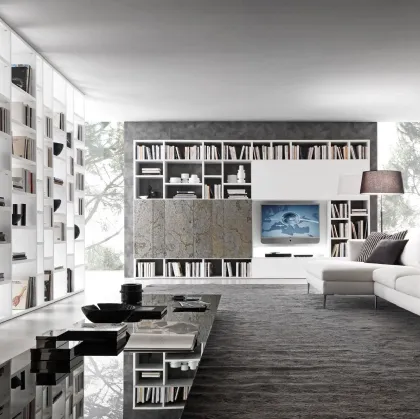 Libreria a muro in melaminico effetto marmo e laccato bianco opaco Pari&Dispari 02 di Presotto