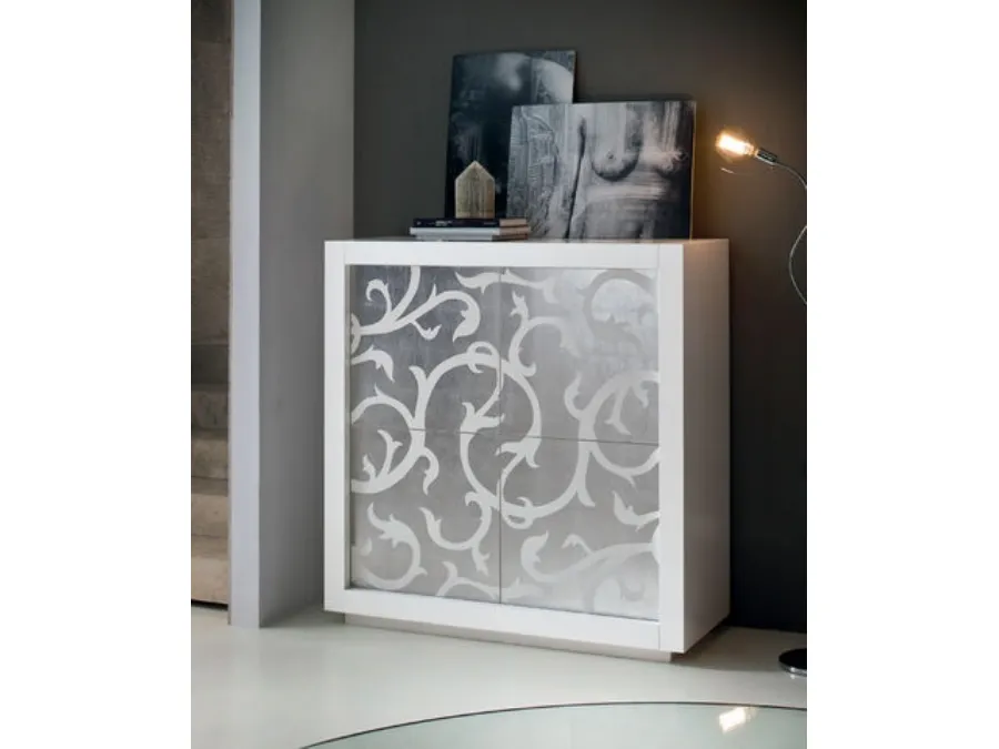 Madia alta Picasso in Rovere tinto bianco con anta a intarsio in Foglia Argento di Riflessi