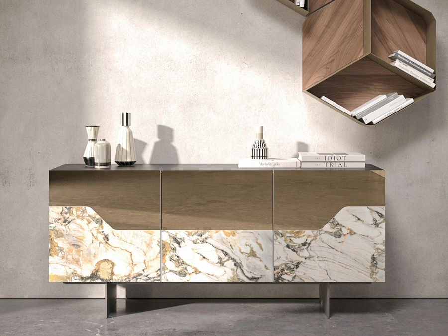 Madia Canova in legno laccato nero con ante rivestite in vetro bronzo e gres porcellanato di Tonin Casa