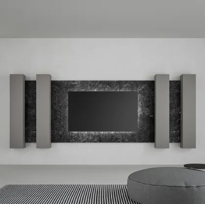 Mobile Porta Tv in laccato opaco con boiserie in gres porcellanato effetto marmo di Caccaro