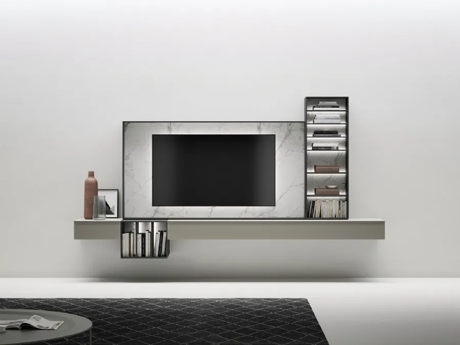 Mobile Porta Tv sospeso in laccato opaco con cornice in gres effetto marmo di Caccaro