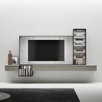 Mobile Porta Tv sospeso in laccato opaco con cornice in gres effetto marmo di Caccaro