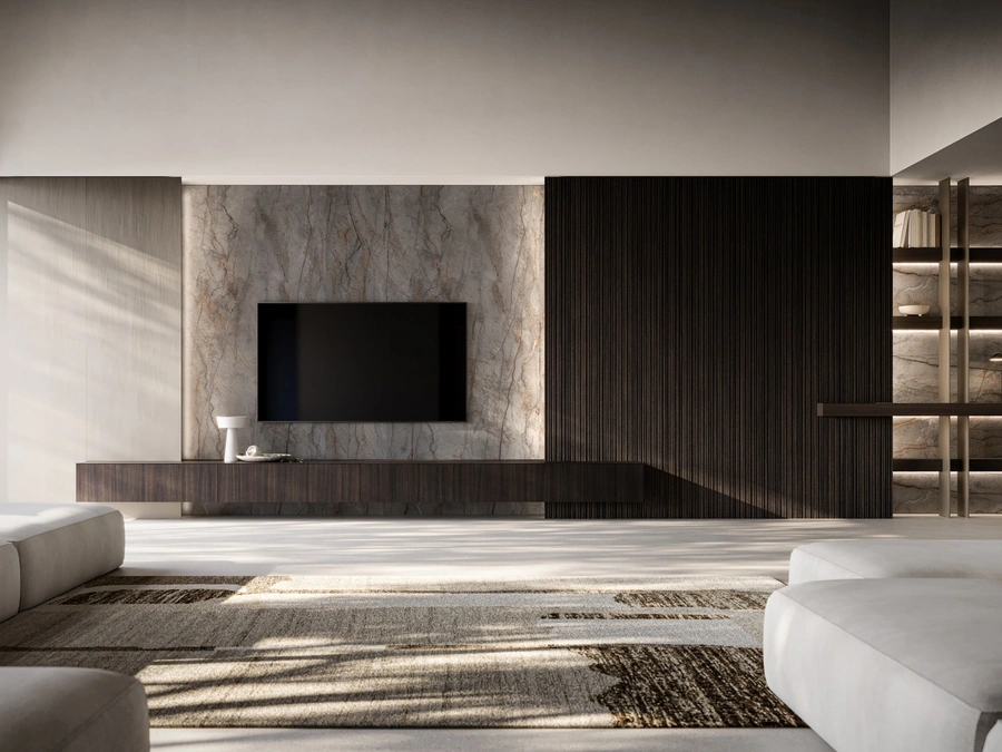 Parete Attrezzata Groove in legno e gres di Modulnova