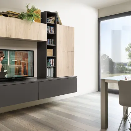 Parete Attrezzata Living Play finitura Rovere Medio e laccato opaco Ardesia di Veneta Cucine