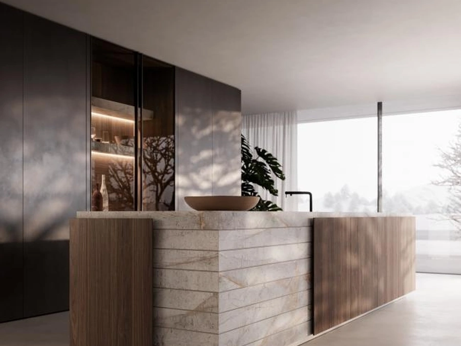 Cucina Design con isola Art in noce e marmo di Modulnova