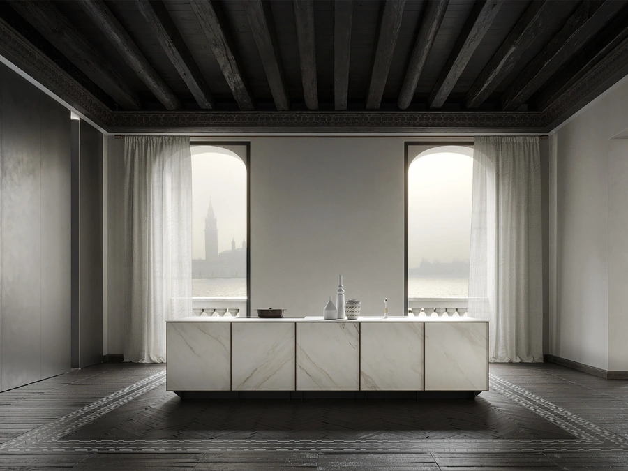 Cucina Design a isola in marmo con profili in noce Frame Lab di Modulnova