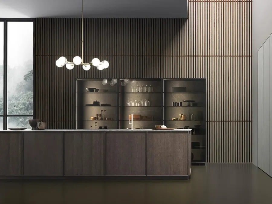 Cucina Design con isola Frame finitura impiallacciato Rovere Brown con top in Gres Stone Grey di Modulnova