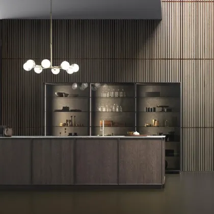 Cucina Design con isola Frame finitura impiallacciato Rovere Brown con top in Gres Stone Grey di Modulnova