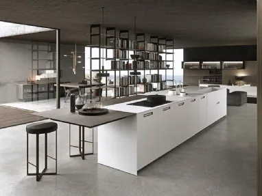 Cucina Design MH6 con isola in laccato Bianco satinato e piano snack impiallacciato Eucalipto di Modulnova