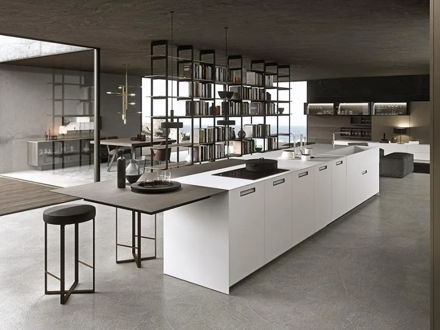 Cucina Design MH6 con isola in laccato Bianco satinato e piano snack impiallacciato Eucalipto di Modulnova