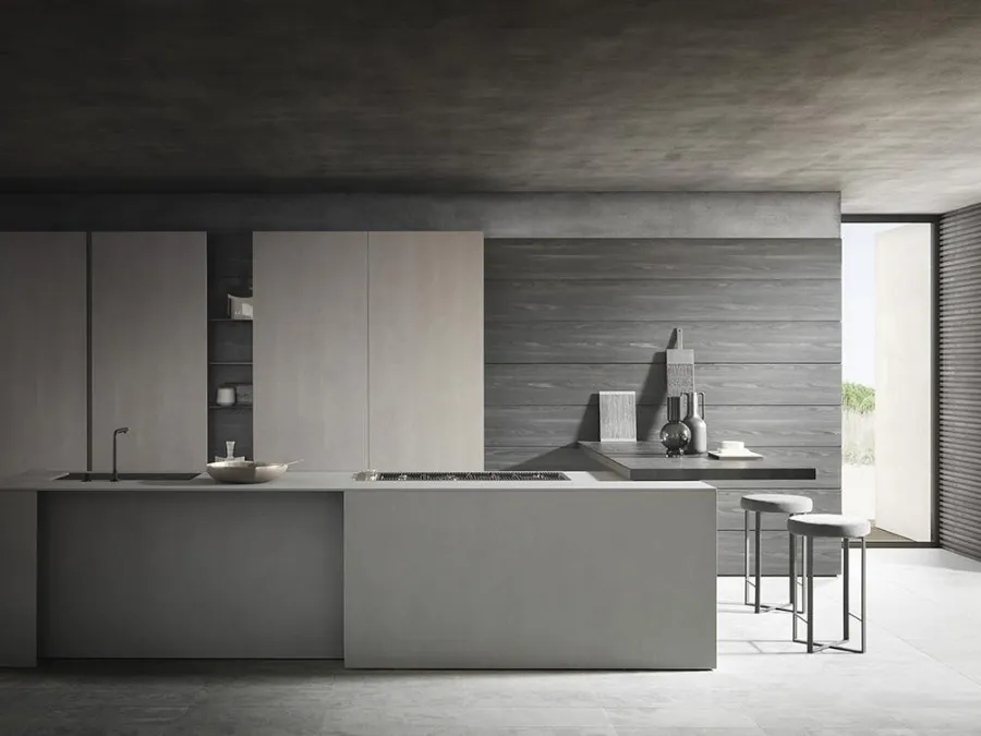 Cucina Design MH6 finitura Milltech Marna con top e penisola in laminato di Modulnova