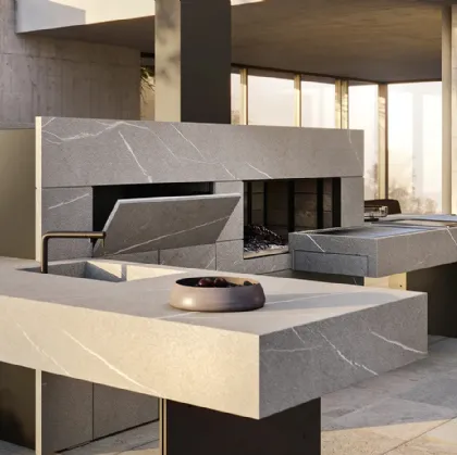Cucina Design per esterno in pietra piasentina con penisola Project 06 di Modulnova