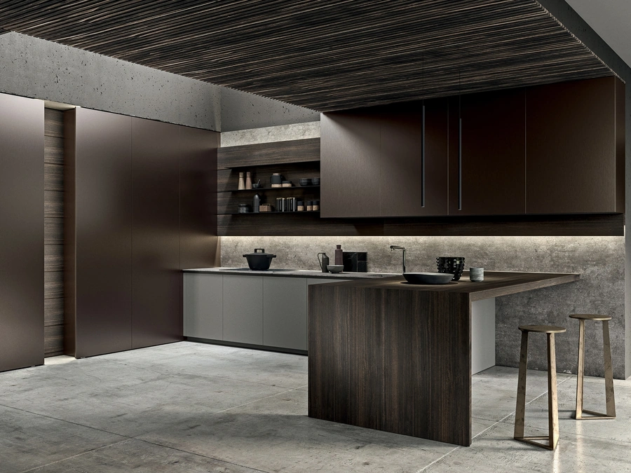 Cucina Design con penisola Twenty in laccato e Eucalipto di Modulnova