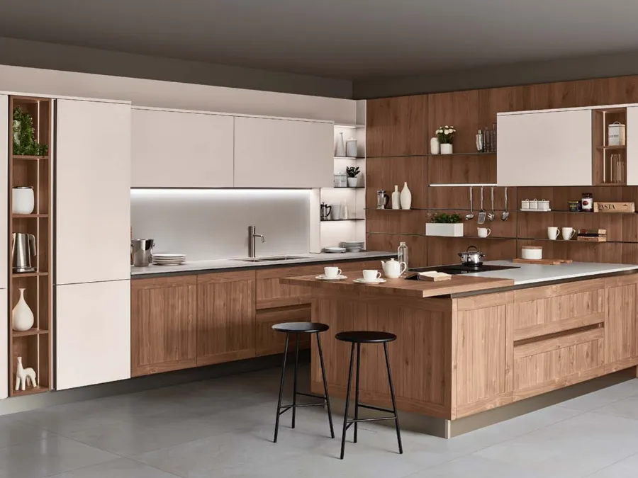 Cucina Moderna con penisola Armonia 02 in Noce nodoso a doghe e laccato opaco di Veneta Cucine