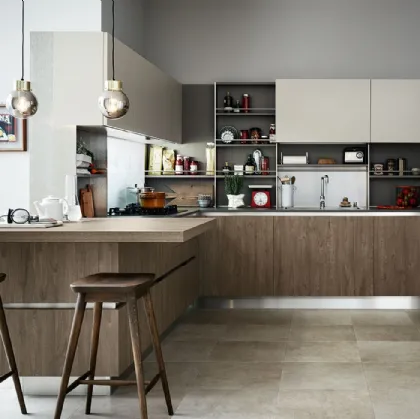 Cucina Moderna Ethica angolare in finitura Quercia Medio Dek e Silk Grigio Tortora di Veneta Cucine