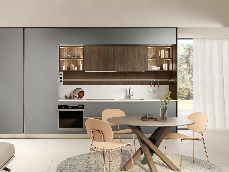 Cucina Moderna lineare Like J 01 in laccato Grigio e Noce di Veneta Cucine