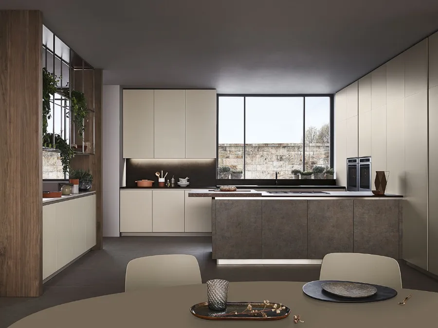 Cucina Moderna Lounge con isola in laccato Grigio Corda e Noce Nodoso di Veneta Cucine