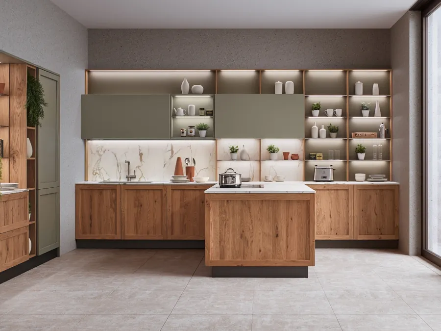 Cucina Moderna con penisola Milano 01 in Rovere e laccato Verde di Veneta Cucine