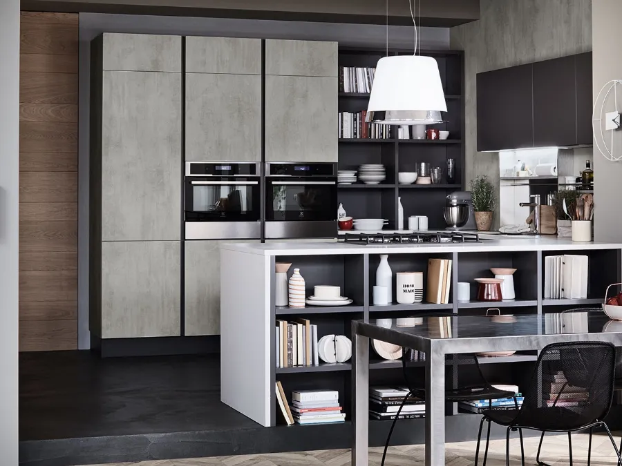 Cucina Moderna Oyster angolare in finitura Beton Grigio Dek e Ardesia di Veneta Cucine