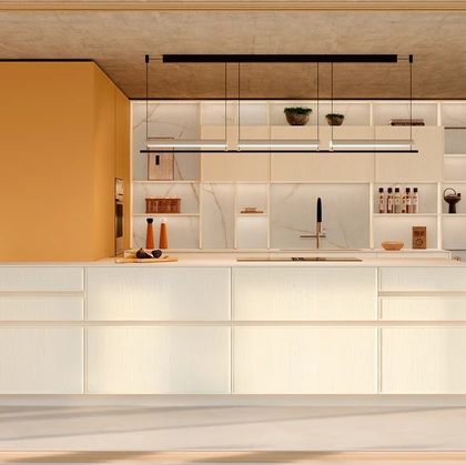 Cucina Moderna con penisola Sakura 11 in Frassino laccato Bianco e laccato opaco Pesca di Veneta Cucine