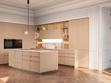 Cucina Moderna con isola Sakura 14 in Frassino laccato Nude di Veneta Cucine