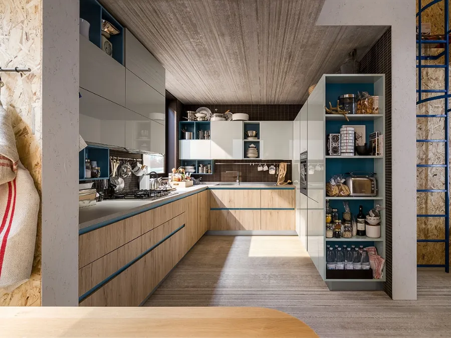 Cucina Moderna Start Time angolare play Rovere medio e laccato lucido Grigio di Veneta Cucine