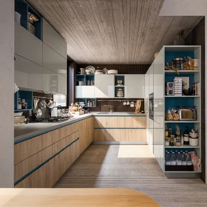Cucina Moderna Start Time angolare play Rovere medio e laccato lucido Grigio di Veneta Cucine