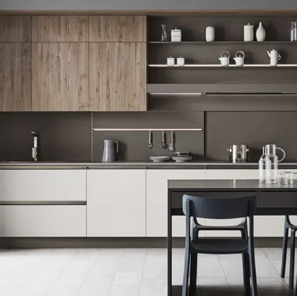 Cucina Moderna lineare Start Time Presa in finitura Graffiato chiaro e Noce Rustik di Veneta Cucine