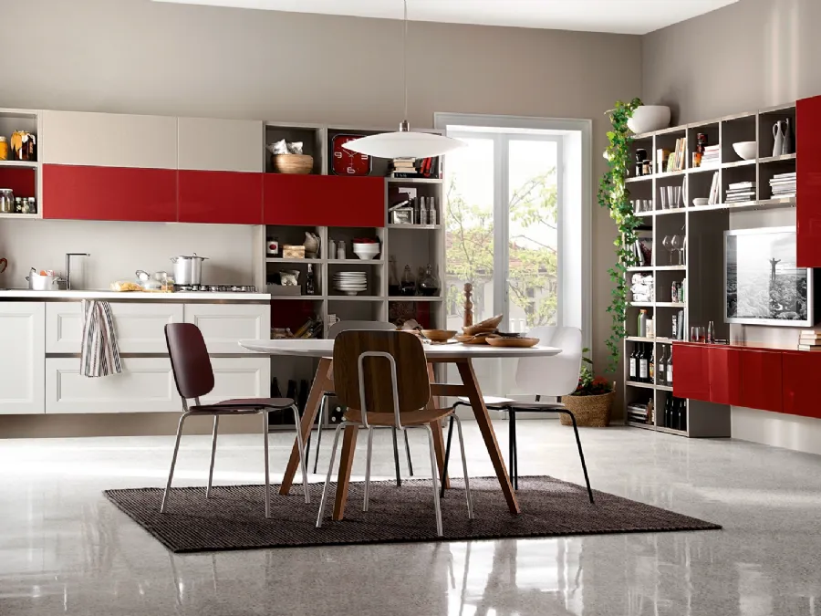 Cucina Moderna Tablet lineare in laccato opaco Bianco e laccato lucido Ciliegia di Veneta Cucine