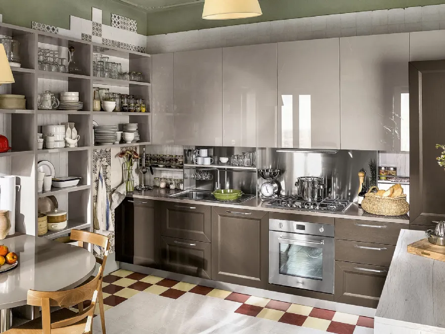 Cucina Moderna Tablet lineare in finitura Rovere Marrone e laccato lucido Marron Mocaccino di Veneta Cucine