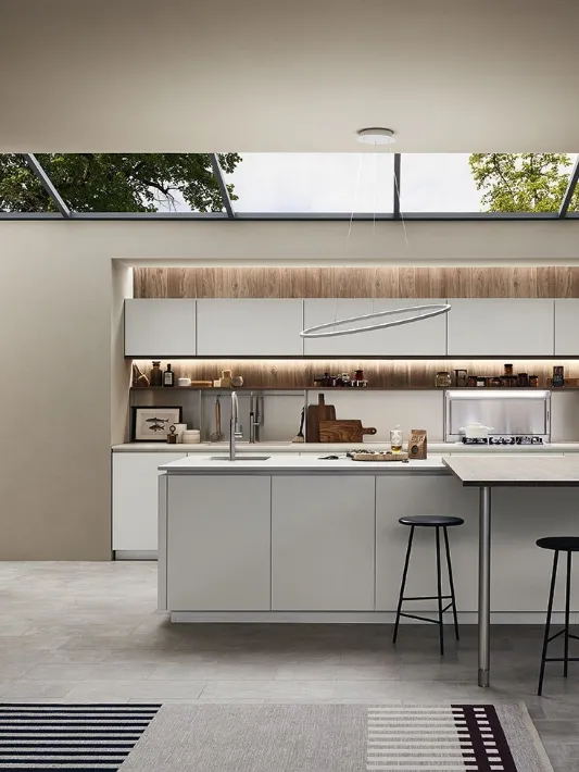 Cucina Moderna Ri-flex 07 con isola in vetro laccato opaco Marrone Oliva di Veneta Cucine